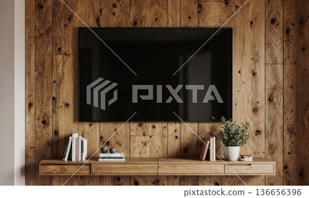 Wood TV interior large flat screen television hangs on a rustic timber wall above a floating wooden console decorated with plants and books Wood TV interior large flat screen television hangs on a rustic timber wall above a floating wooden console decorated with plants and books 136656396