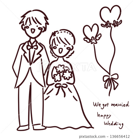 Cute hand-drawn illustration of a bride and groom getting married 136656412