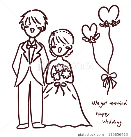 Cute hand-drawn illustration of a bride and groom getting married 136656413