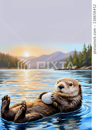 日出時分，一隻海獺在海裡游泳的插圖 136656452