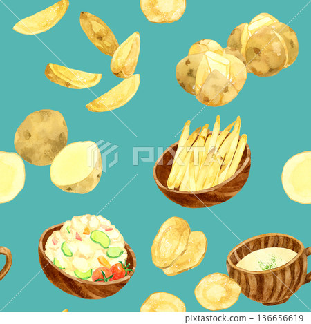 Seamless pattern of various potato dishes. Hand-drawn watercolor illustration background material. Seamless pattern of various potato dishes. Hand-drawn watercolor illustration background material. 136656619