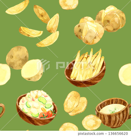 各種馬鈴薯菜餚的無縫圖案。手繪水彩插畫背景素材。 各種馬鈴薯菜餚的無縫圖案。手繪水彩插畫背景素材。 136656620