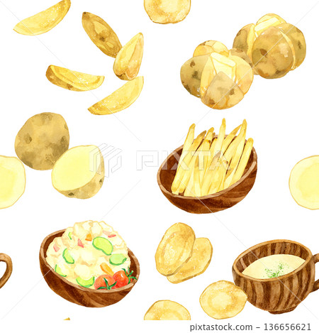 Seamless pattern of various potato dishes. Hand-drawn watercolor illustration background material. Seamless pattern of various potato dishes. Hand-drawn watercolor illustration background material. 136656621