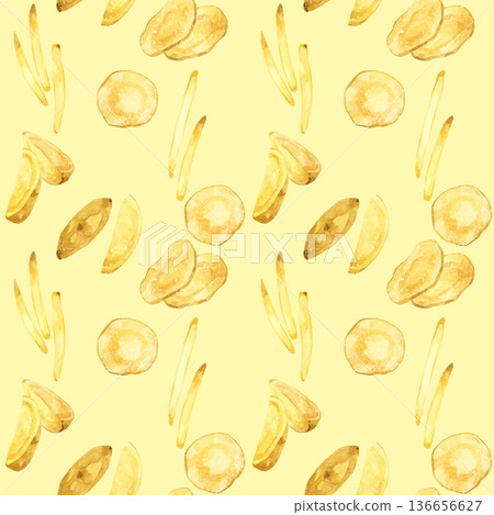 各種馬鈴薯菜餚的無縫圖案。手繪水彩插畫背景素材。 136656627