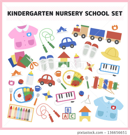 Kindergarten/nursery school entrance preparation illustration set: smock, lunch box, stationery, musical instruments, lifestyle icons and vector materials Kindergarten/nursery school entrance preparation illustration set: smock, lunch box, stationery, musical instruments, lifestyle icons and vector materials 136656651