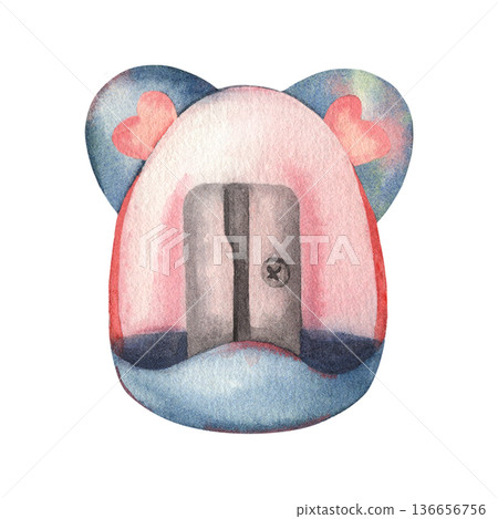 Cute pencil sharpener with little ears. Hand-painted watercolor illustration isolated on white background. Perfect for kids design, school supplies branding, stationery, packaging, crafts projects Cute pencil sharpener with little ears. Hand-painted watercolor illustration isolated on white background. Perfect for kids design, school supplies branding, stationery, packaging, crafts projects 136656756