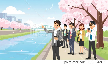 商務人士在盛開的櫻花樹下交談。 136656935