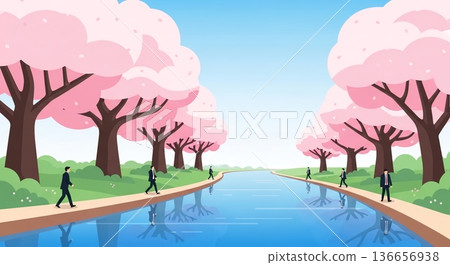 春日里，櫻花樹和熙熙攘攘的人群倒映在水面上。 136656938