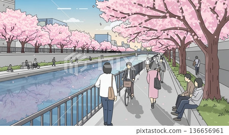 櫻花在河邊搖曳，人們過著平靜的生活。 136656961