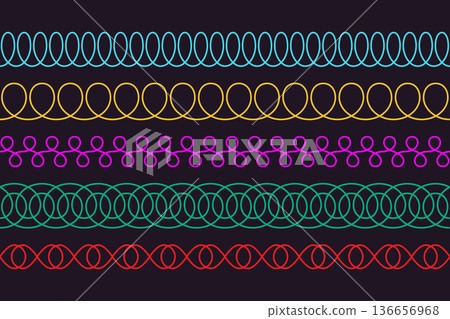 Spiral loop seamless line set. Decoration lace collection. Thin loop waves symbol. Flexible spring coil shapes. Neon loop line ornament pattern. Vector illustration isolated on dark background 136656968