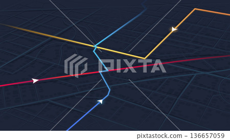 Location tracker dashboard with data of arrive time. City street road with pins on map and alternative ways. Isometric street roads and location, vector background. Huge city top view. 136657059