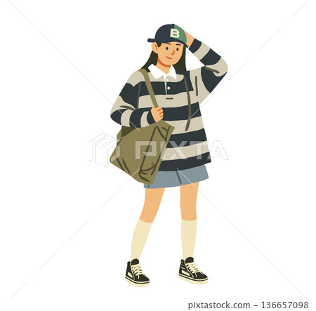 An illustration of a young woman dressed in casual clothes. 136657098