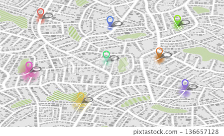 Isometric city map plan with multiple colorful location pins and green park zones on gray street layout. Vector illustration. Isometric city map plan with multiple colorful location pins and green park zones on gray street layout. Vector illustration. 136657128