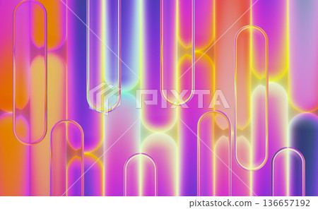 Neon liquid glass 3d background. Abstract vertical striped pattern, rectangle transparent rounded overlay design with glowing edges, vibrant pink blue yellow gradient, lighting effect. 3D illustration Neon liquid glass 3d background. Abstract vertical striped pattern, rectangle transparent rounded overlay design with glowing edges, vibrant pink blue yellow gradient, lighting effect. 3D illustration 136657192