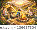 Family camping in the evening 136657304