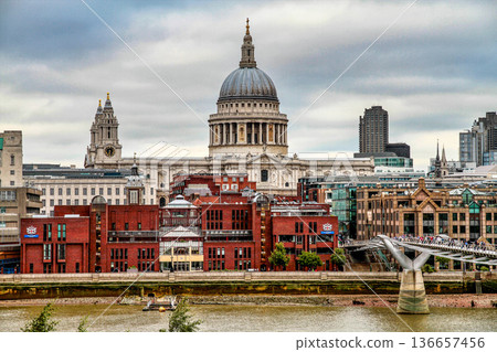 Millennium Bridge and London waterfront with St Pauls Cathedral in London, England, United Kingdom. 136657456