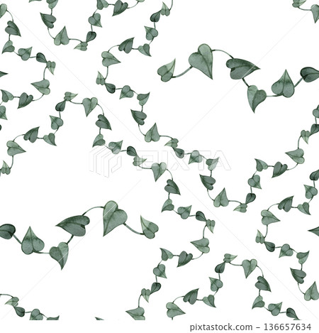 Elegant watercolor seamless pattern featuring delicate ivy vines with heart-shaped leaves. Hand-painted botanical trellis design with deep emerald green tones, perfect for eco-friendly decor and Elegant watercolor seamless pattern featuring delicate ivy vines with heart-shaped leaves. Hand-painted botanical trellis design with deep emerald green tones, perfect for eco-friendly decor and 136657634