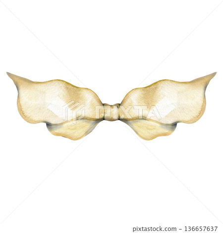 Delicate watercolor painting of a beige satin ribbon bow. Soft cream tones and fluid hand-painted textures make this elegant accessory ideal for bridal decor, gift wrapping, and romantic stationery. 136657637