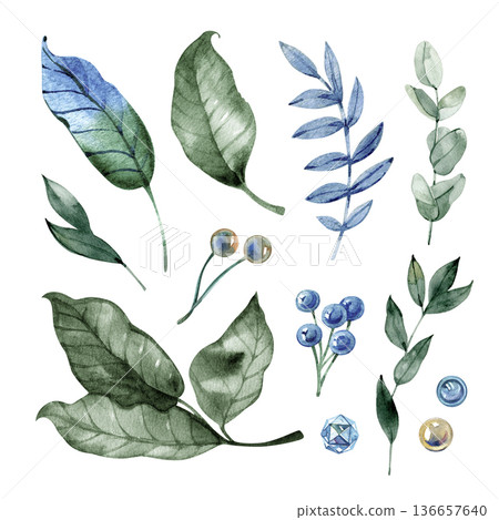 Versatile watercolor collection of forest greenery and botanical elements. Featuring hand-painted emerald leaves, blue berries, eucalyptus branches, and crystals, perfect for organic nature-themed Versatile watercolor collection of forest greenery and botanical elements. Featuring hand-painted emerald leaves, blue berries, eucalyptus branches, and crystals, perfect for organic nature-themed 136657640