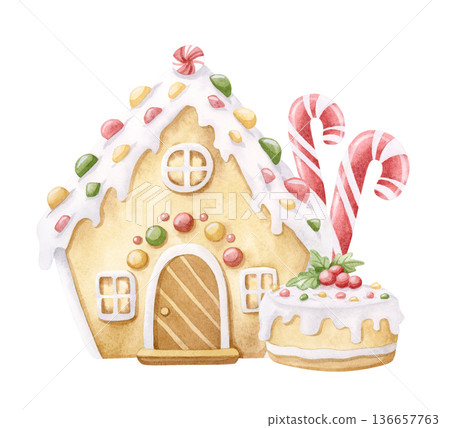 Watercolor gingerbread house with candy canes and decorated cake with holly berries illustration. Traditional Christmas desserts clip art in childish cartoon style. Winter holiday sweet food drawing 136657763