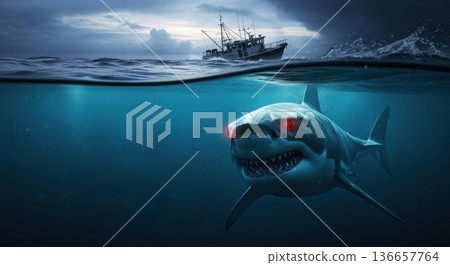 Great white shark menacing fishing boat from underwater split view 136657764