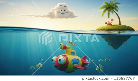 Cartoon submarine exploring ocean with smiling cloud and island 136657767