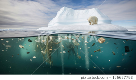 Polar bear standing on iceberg with ocean plastic pollution 136657798
