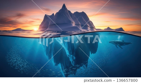 Iceberg concept with whale and underwater ocean life at sunset 136657800