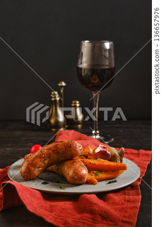 Natural casing sausages served with vegetables and wine in a dining setting Natural casing sausages served with vegetables and wine in a dining setting 136657976