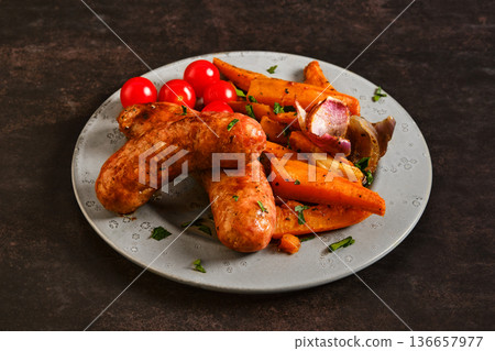Natural casing sausages with roasted carrots and cherry tomatoes on a plate Natural casing sausages with roasted carrots and cherry tomatoes on a plate 136657977