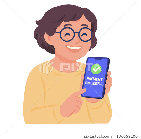 The woman showed the successful payment on her phone. The woman showed the successful payment on her phone. 136658106