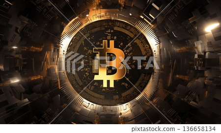 Golden Bitcoin Symbol Centered Within a Complex Digital Network Golden Bitcoin Symbol Centered Within a Complex Digital Network 136658134