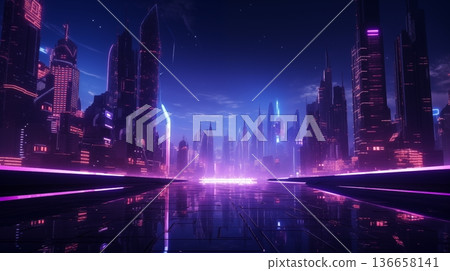 Night city street with neon illumination, metaverse technology glow buildings, perspective view from rooftop. Urban architecture, megalopolis infrastructure in darkness. 136658141
