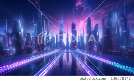 Night city street with neon illumination, metaverse technology glow buildings, perspective view from rooftop. Urban architecture, megalopolis infrastructure in darkness. 136658142