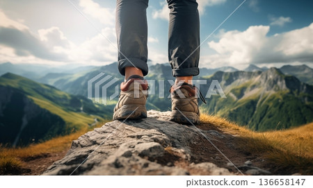 Closeup of feet from a woman with hiking shoes. Women hiking at sunset mountains with heavy backpack Travel Lifestyle wanderlust adventure concept summer vacations outdoor alone into the wild 136658147