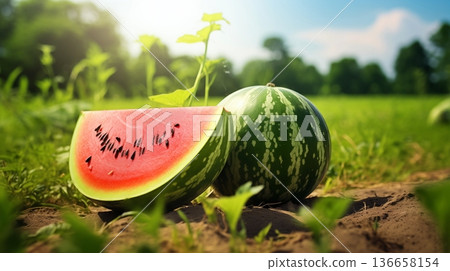 Sliced watermelon and whole one on grass field under sky. Juicy delicious watermelon Sliced watermelon and whole one on grass field under sky. Juicy delicious watermelon 136658154