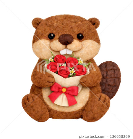 一隻海狸手捧一束毛氈玫瑰花的插圖 136658269