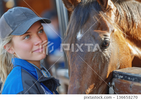 Stable, hippodrome. Portrait of a young blonde woman and a horse in a stable 136658270