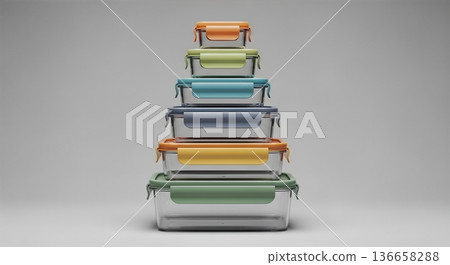 Reusable food containers stacked isolated on light background organization sustainability concept 136658288