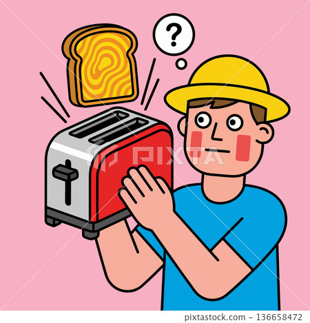 Confused Man with Toaster and Toast Confused Man with Toaster and Toast 136658472