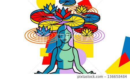 Meditating Woman with Lotus Flowers Meditating Woman with Lotus Flowers 136658484