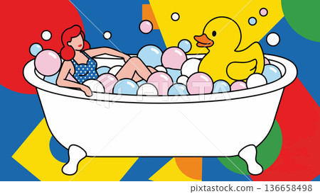 Woman and Duck in Bubble Bath 136658498