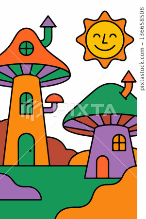 Whimsical Mushroom Houses and Smiling Sun Whimsical Mushroom Houses and Smiling Sun 136658508