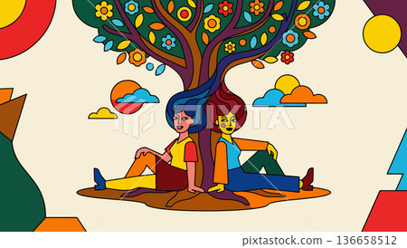 Two Women Under a Colorful Tree Two Women Under a Colorful Tree 136658512