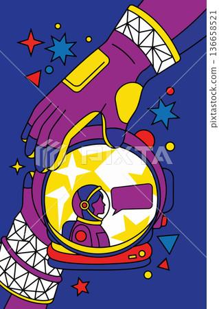 Astronaut in Space Helmet Held by Hands 136658521