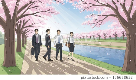 春日的陽光，櫻花盛開，還有沿著河邊散步的上班族。 136658632