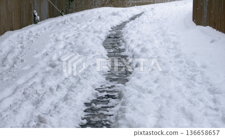 Snow-covered sidewalk surface 136658657
