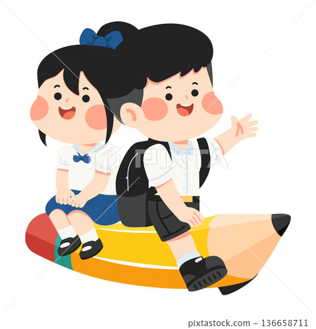 Joyful Children Riding a Giant Pencil Together 136658711