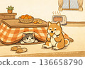 A cat in a kotatsu and a Shiba Inu eating mandarin oranges 136658790
