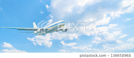 Air travel in an airplane - a modern plane airliner against the background of the copy space sky, a backdrop for airline sales of air travel tours and vouchers. High quality photo 136658968